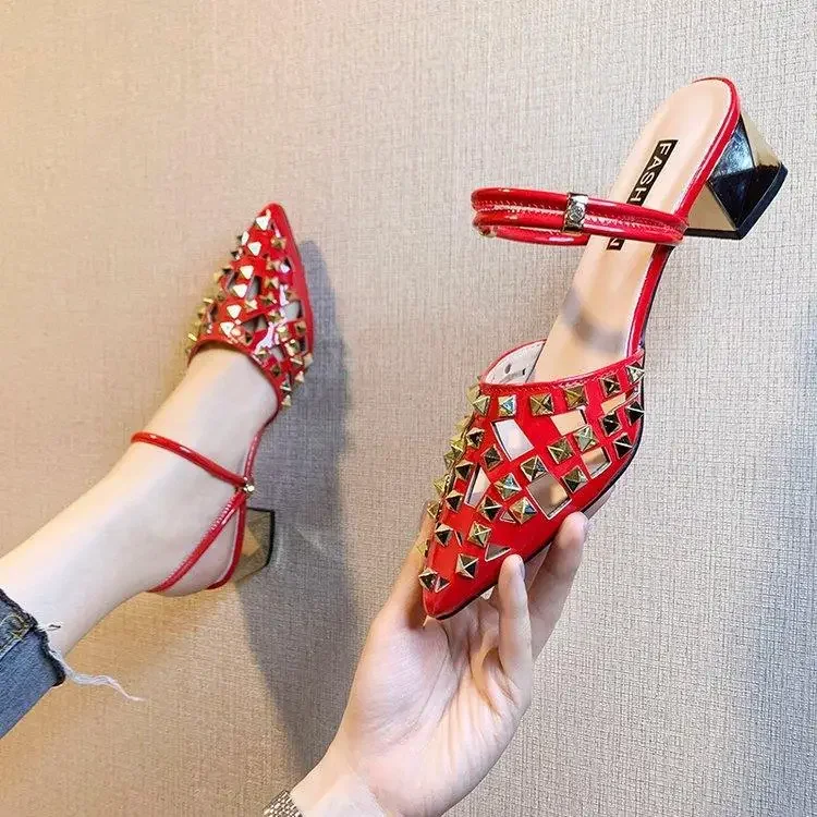 Vintage Comfort Luxury Block Heel Pointed Toe High Heel Sandals - Image 2