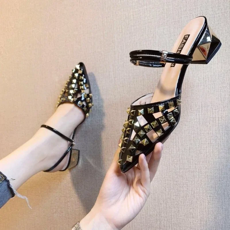 Vintage Comfort Luxury Block Heel Pointed Toe High Heel Sandals - Image 9