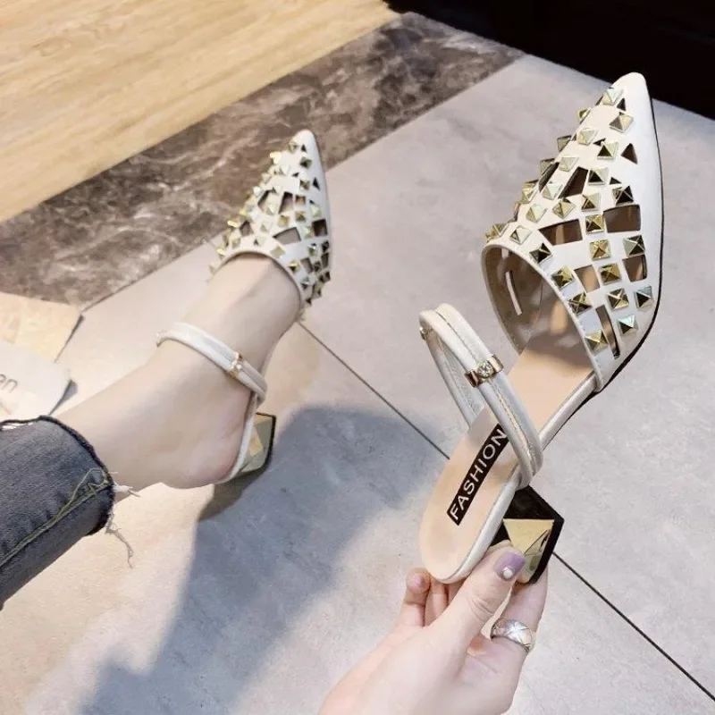 Vintage Comfort Luxury Block Heel Pointed Toe High Heel Sandals - Image 6