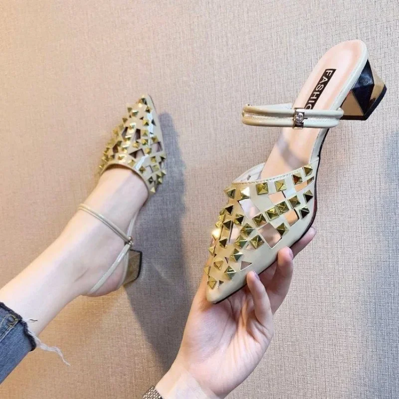 Vintage Comfort Luxury Block Heel Pointed Toe High Heel Sandals - Image 12