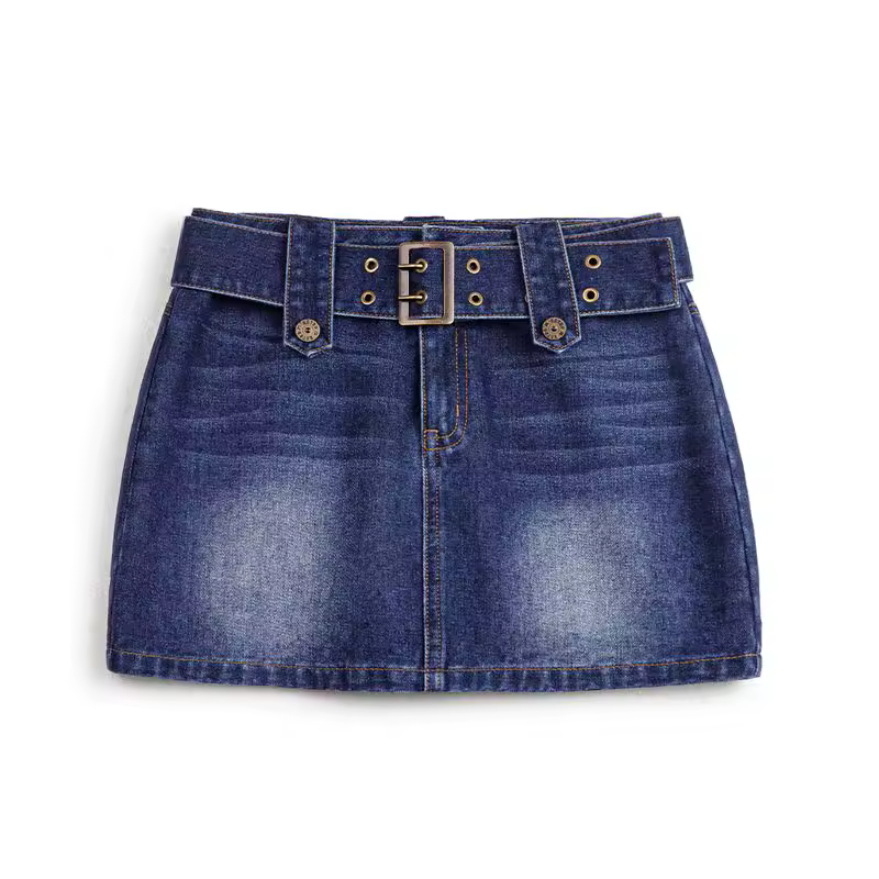 Vintage Denim Bottom For Street Style Belted Pocket Short Skirt - Image 6