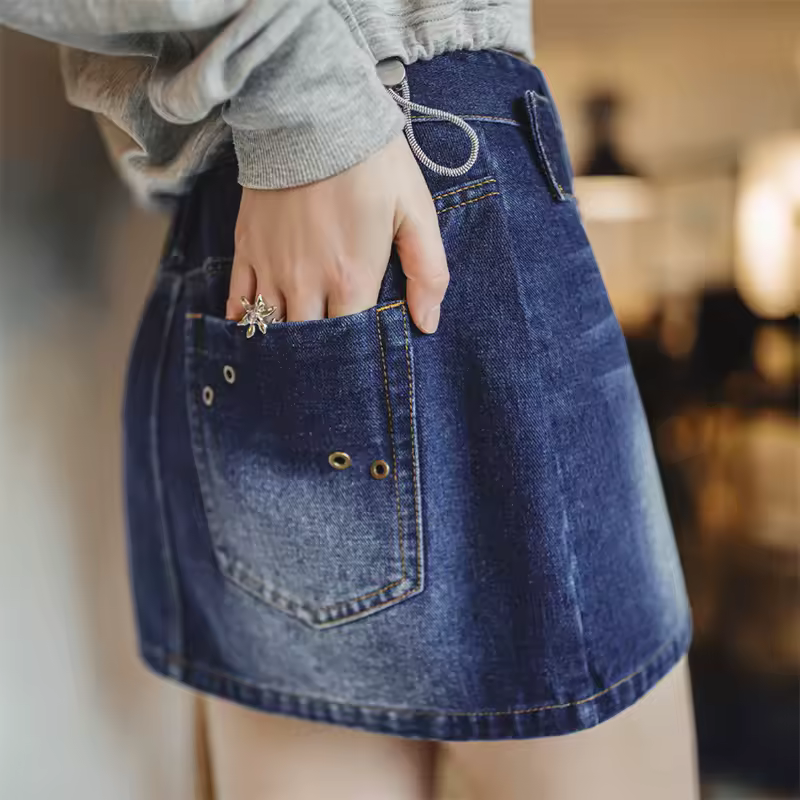 Vintage Denim Bottom For Street Style Belted Pocket Short Skirt - Image 4
