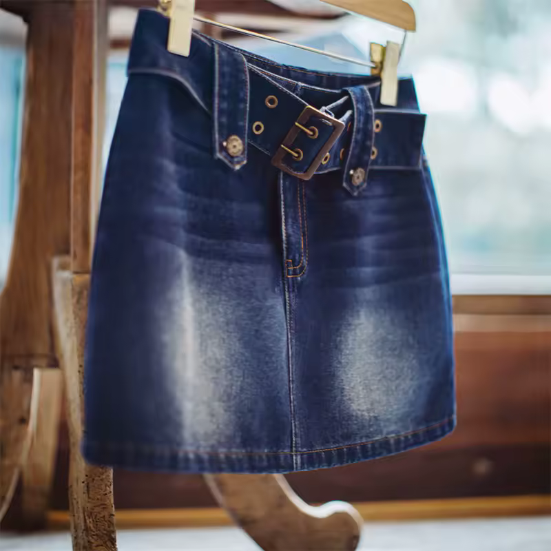 Vintage Denim Bottom For Street Style Belted Pocket Short Skirt - Image 5