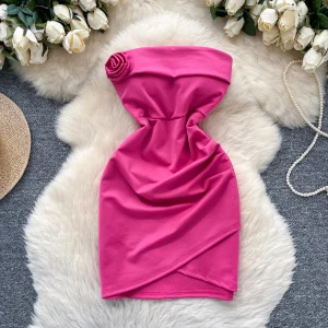 Vintage Floral Draped Strapless Solid Sleeveless Pencil Beach Bodycon Mini Dress