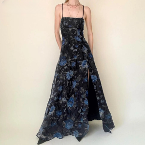 Vintage Floral Printed Split Elegant Backless Bandage Beach Long Dress Boho Vacation Dress