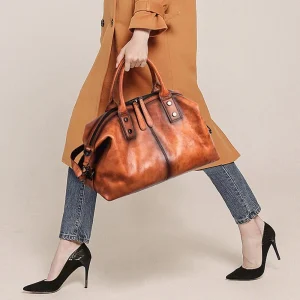 Vintage Genuine Cowhide Leather Hand Painted Large Capacity Top Handle Purse Designer Shoulder Hobo Bag