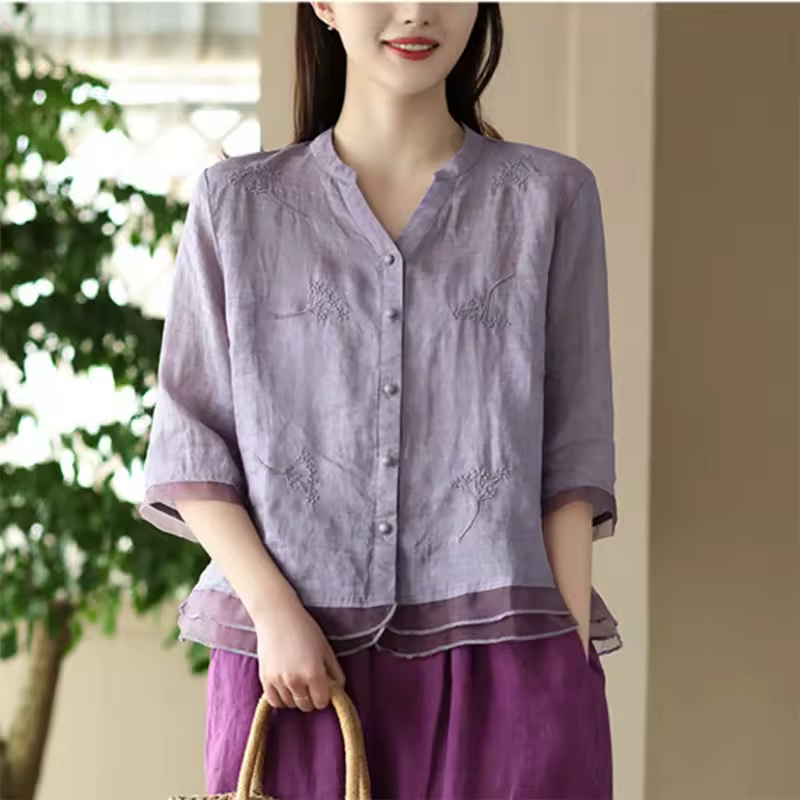 Vintage Single Breasted Linen Cotton Short Sleeve Button Loose Shirt