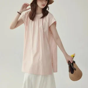 Vintage Loose Simple Lazy Wind O Neck Casual Preppy Style Oversize Lady Short Sleeve Tops