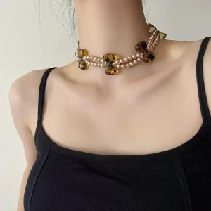 Classic Metal Leopard Print Shaped Pearl Beaded Chokers Necklace