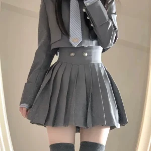 Vintage Preppy Style Short Coat Pleated And Striped Shirt 3 Piece Set