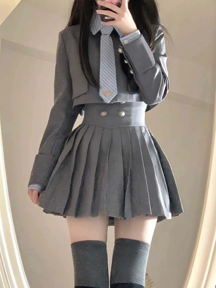 Vintage Preppy Style Short Coat Pleated And Striped Shirt 3 Piece Set