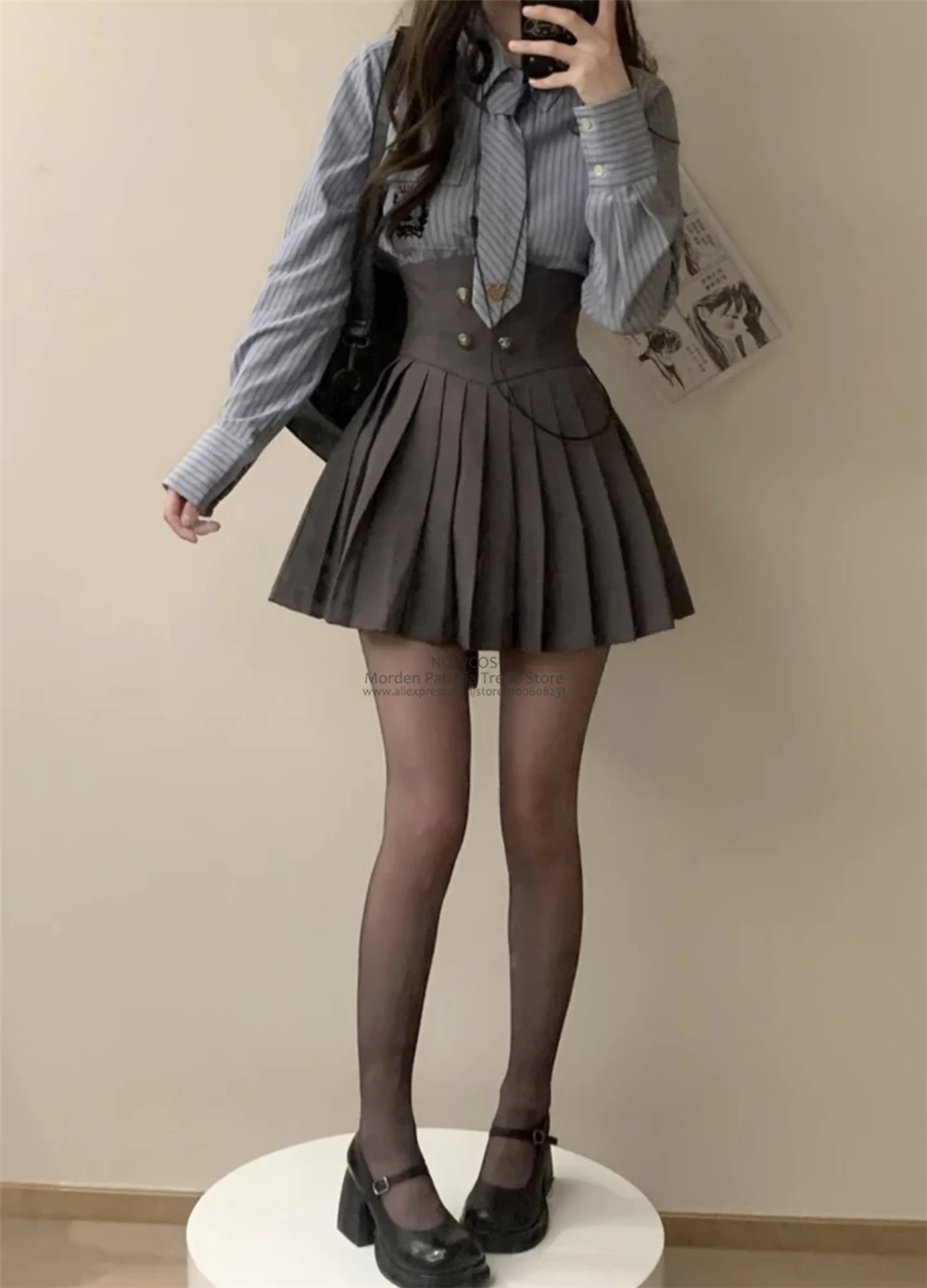 Vintage Preppy Style Short Coat Pleated And Striped Shirt 3 Piece Set - Image 2