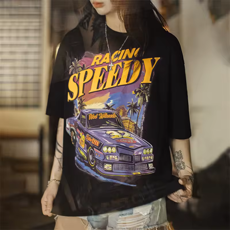 Vintage Racing Print Short Sleeves Street Cotton Tee Oversized Casual Trendy Top
