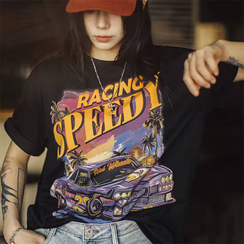 Vintage Racing Print Short Sleeves Street Cotton Tee Oversized Casual Trendy Top - Image 3