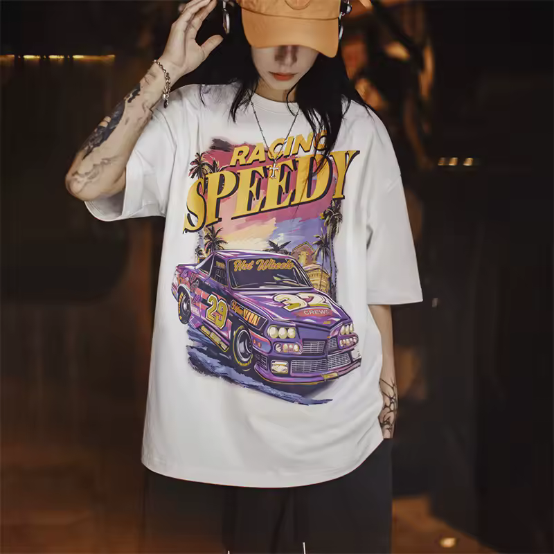 Vintage Racing Print Short Sleeves Street Cotton Tee Oversized Casual Trendy Top - Image 5