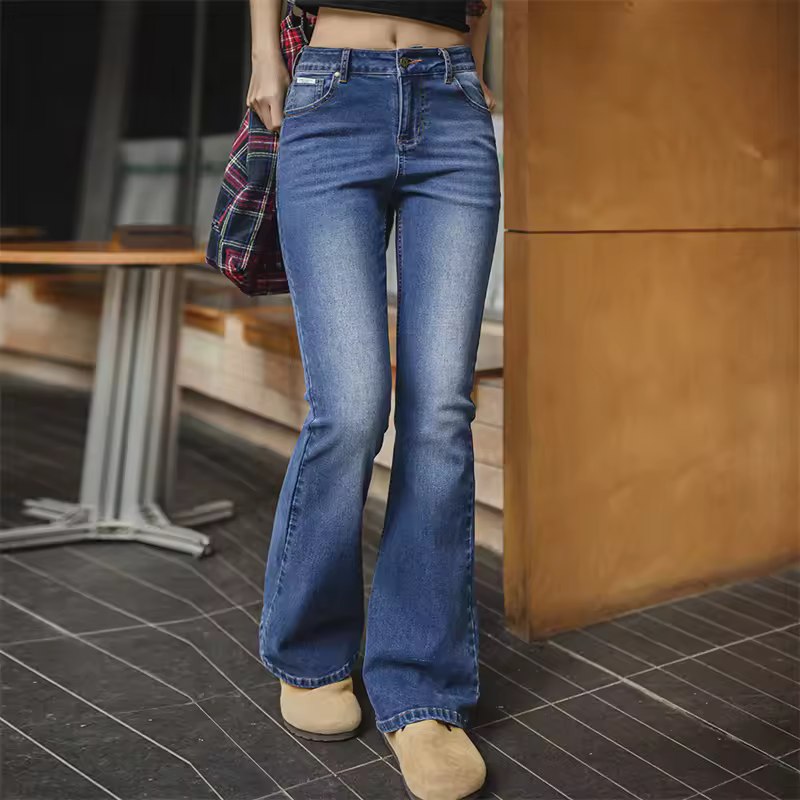Vintage Slim Fit Washed Low Waist Denim Pants With Zipper Casual Street Trousers