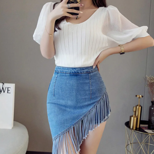 Vintage Tassel Denim Zipper High Waist Mini Jeans Warp Skirts