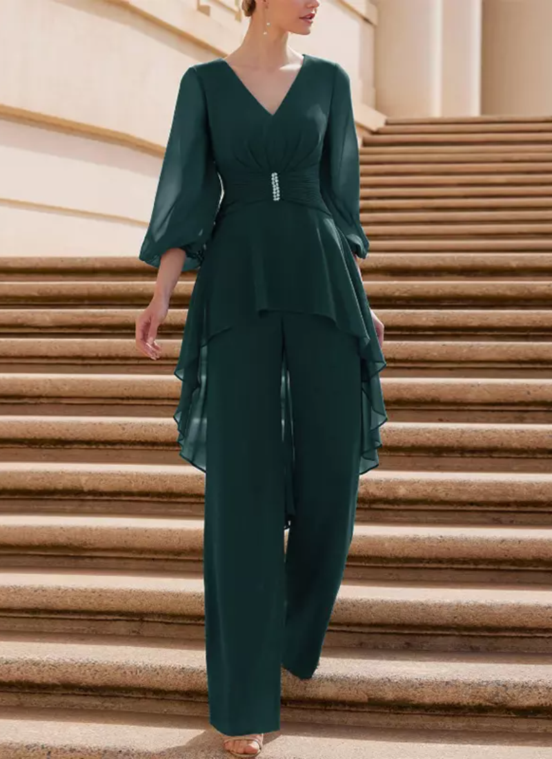 Vintage V-Neck Half Sleeves Jumpsuit Ruffles Floor-Length Guest Dresses - Image 5