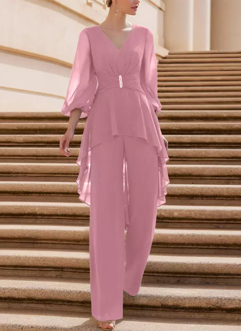 Vintage V-Neck Half Sleeves Jumpsuit Ruffles Floor-Length Guest Dresses - Image 2