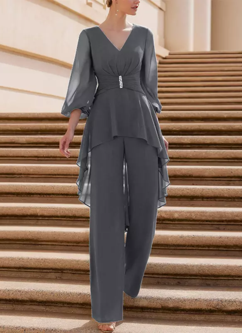Vintage V-Neck Half Sleeves Jumpsuit Ruffles Floor-Length Guest Dresses - Image 4