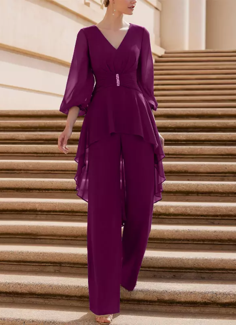 Vintage V-Neck Half Sleeves Jumpsuit Ruffles Floor-Length Guest Dresses - Image 6