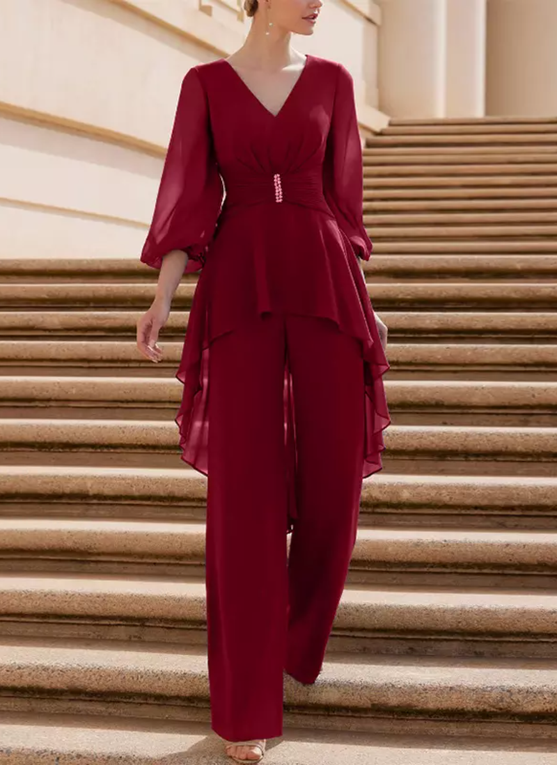 Vintage V-Neck Half Sleeves Jumpsuit Ruffles Floor-Length Guest Dresses - Image 3