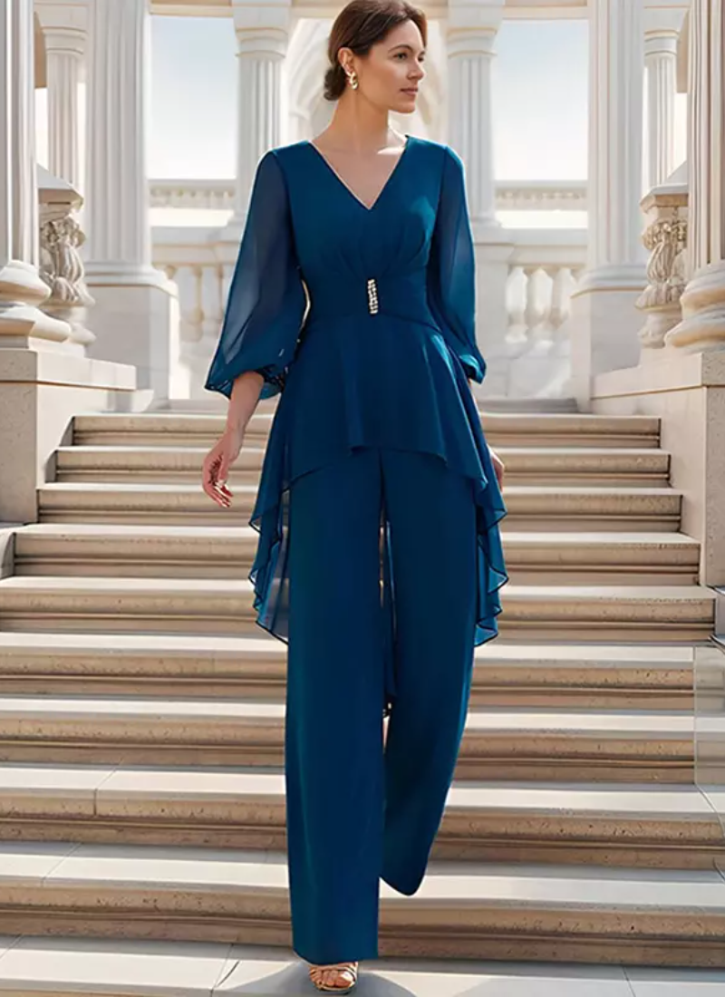 Vintage V-Neck Half Sleeves Jumpsuit Ruffles Floor-Length Guest Dresses - Image 8