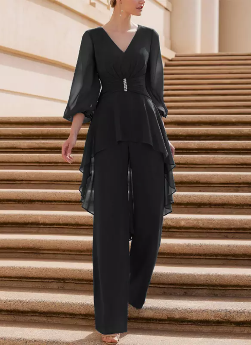 Vintage V-Neck Half Sleeves Jumpsuit Ruffles Floor-Length Guest Dresses