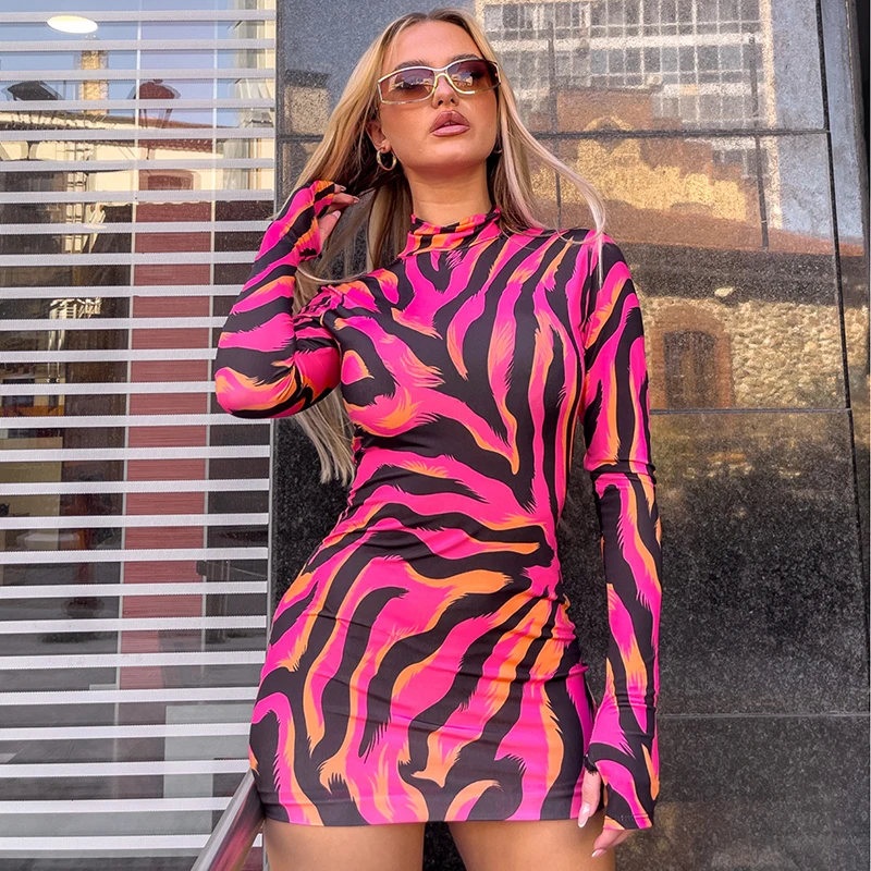 Zebra Print Striped Long Sleeved Pullover Wrap Tights Half-high Collar Mini Dress - Image 2