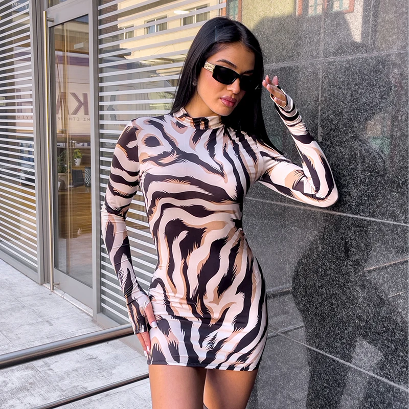 Zebra Print Striped Long Sleeved Pullover Wrap Tights Half-high Collar Mini Dress - Image 5