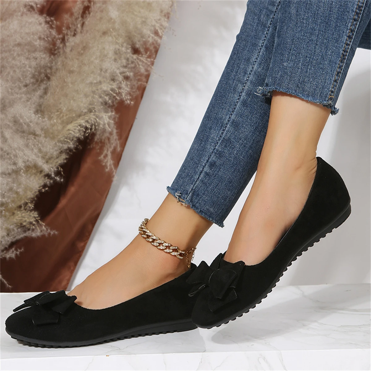 Comfortable Non-slip Wear-resistant Simple Bow Round Toe Flat Loafers - Image 4