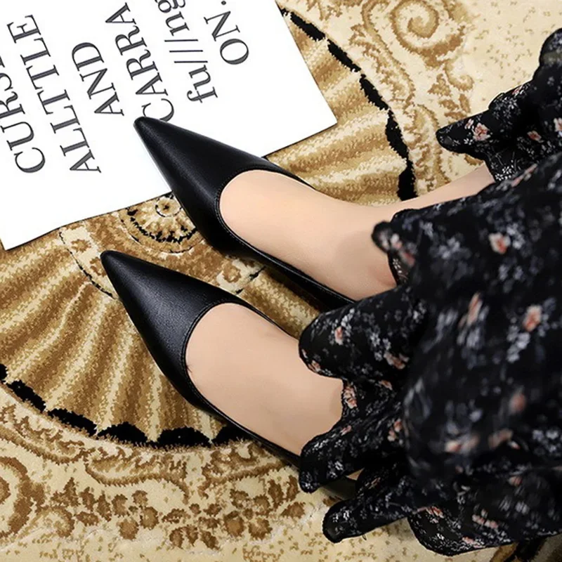 Soft Leather Pointed Toe Concise Office Style High Heels Pumps - Image 6