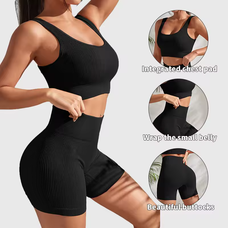 2 Pieces Gym Ribbed Crop Tank High Waist Shorts Seamless Ribbed Yoga Workout Sets - Image 3