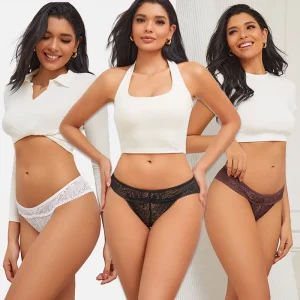 3PCS Set Lace Panties Low Riase Elastic Brifes Solid Color Perspective Breathable Underwear