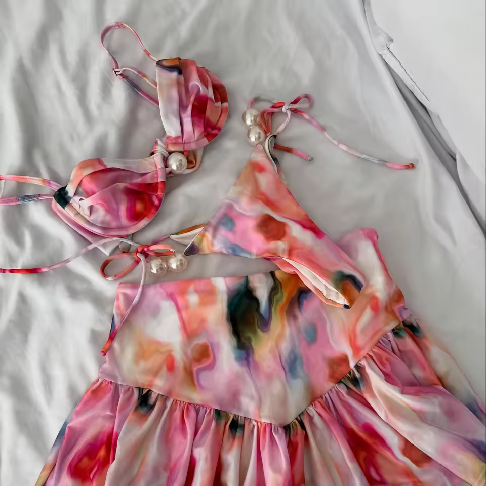 3Pcs Pearl Bikini Swimsuit Swimwear Floral Biquini Mini Skirt Push Up Bathing Suits - Image 2