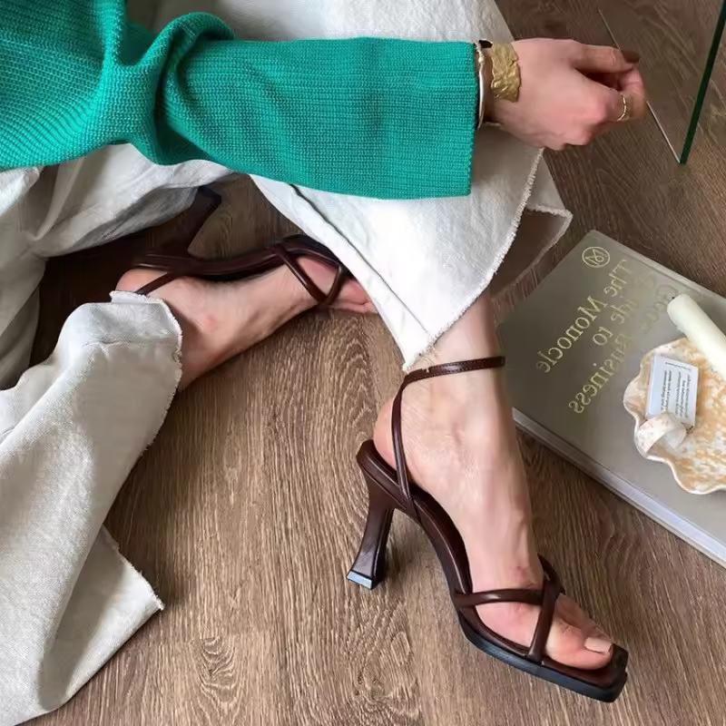 Classic Ankle Strap Square Toe Narrow Band Heel Sandals - Image 4