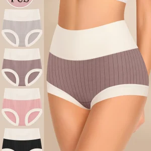 4pcs Comfortable Cotton High Waisted Fashion Clashing Colors Shape Panties