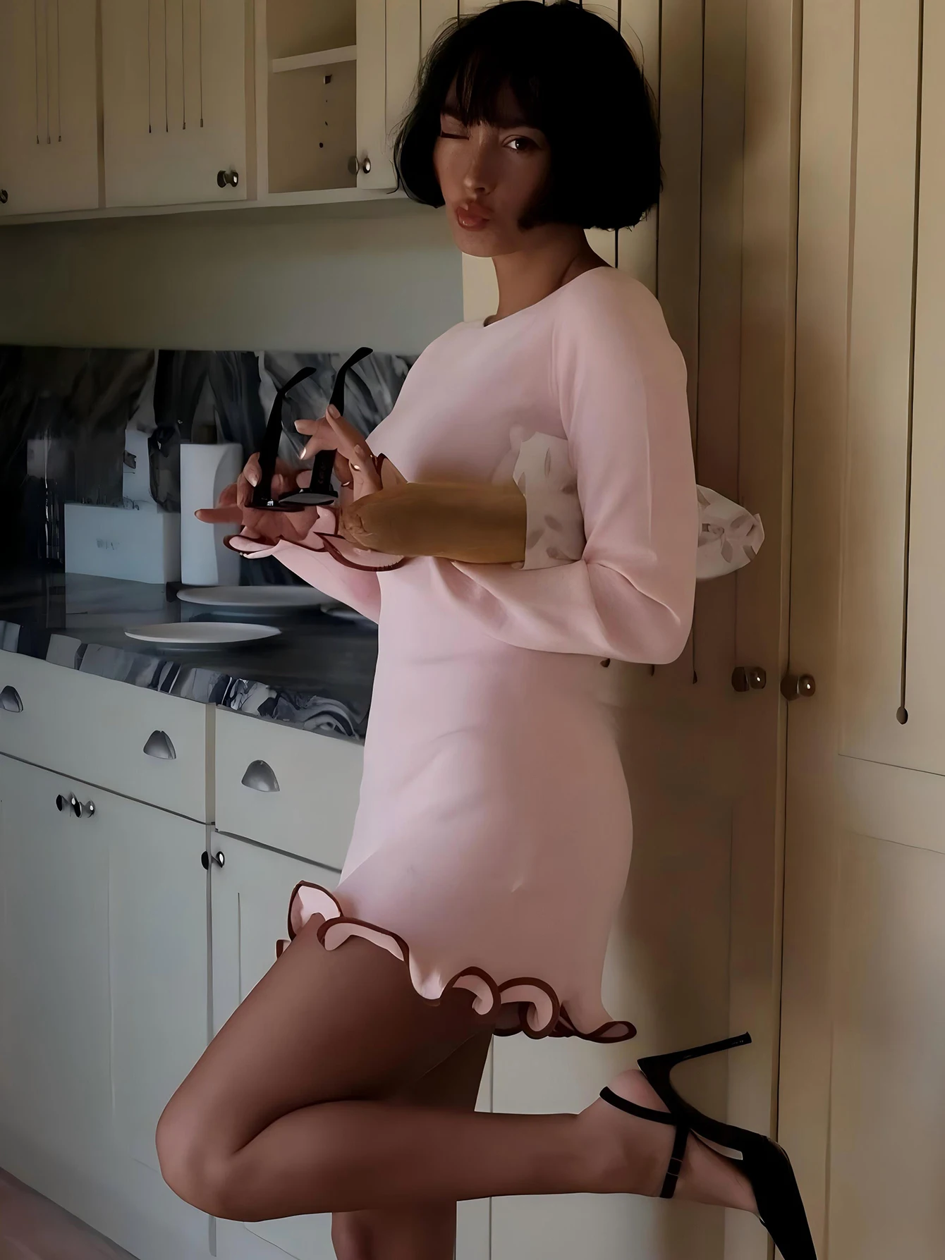 Elegant O-Neck Long Sleeves Ruffles Patchwork Bodycon Mini Dress - Image 6