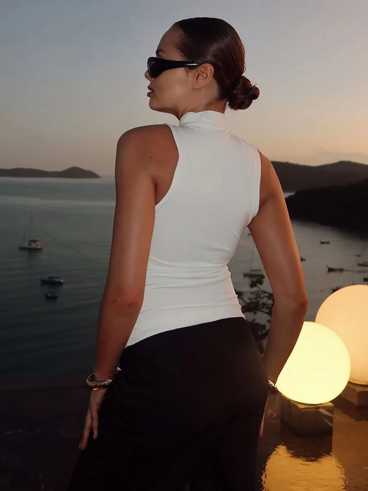 Elegant Metal Knot Solid Pleated Sleeveless Stretch Skinny Tank Tops - Image 7