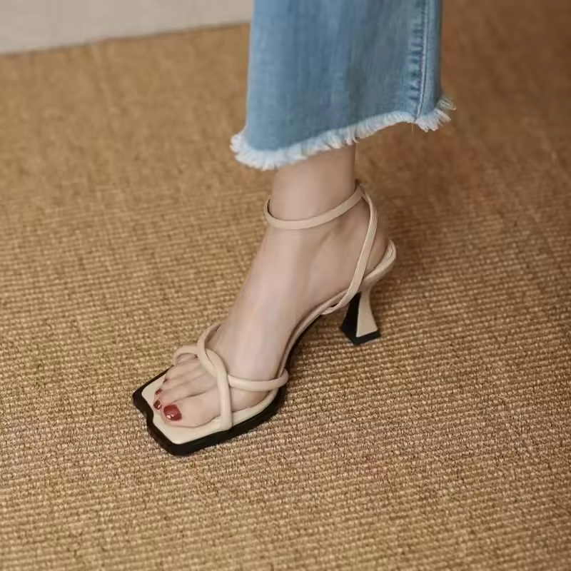 Classic Ankle Strap Square Toe Narrow Band Heel Sandals - Image 6
