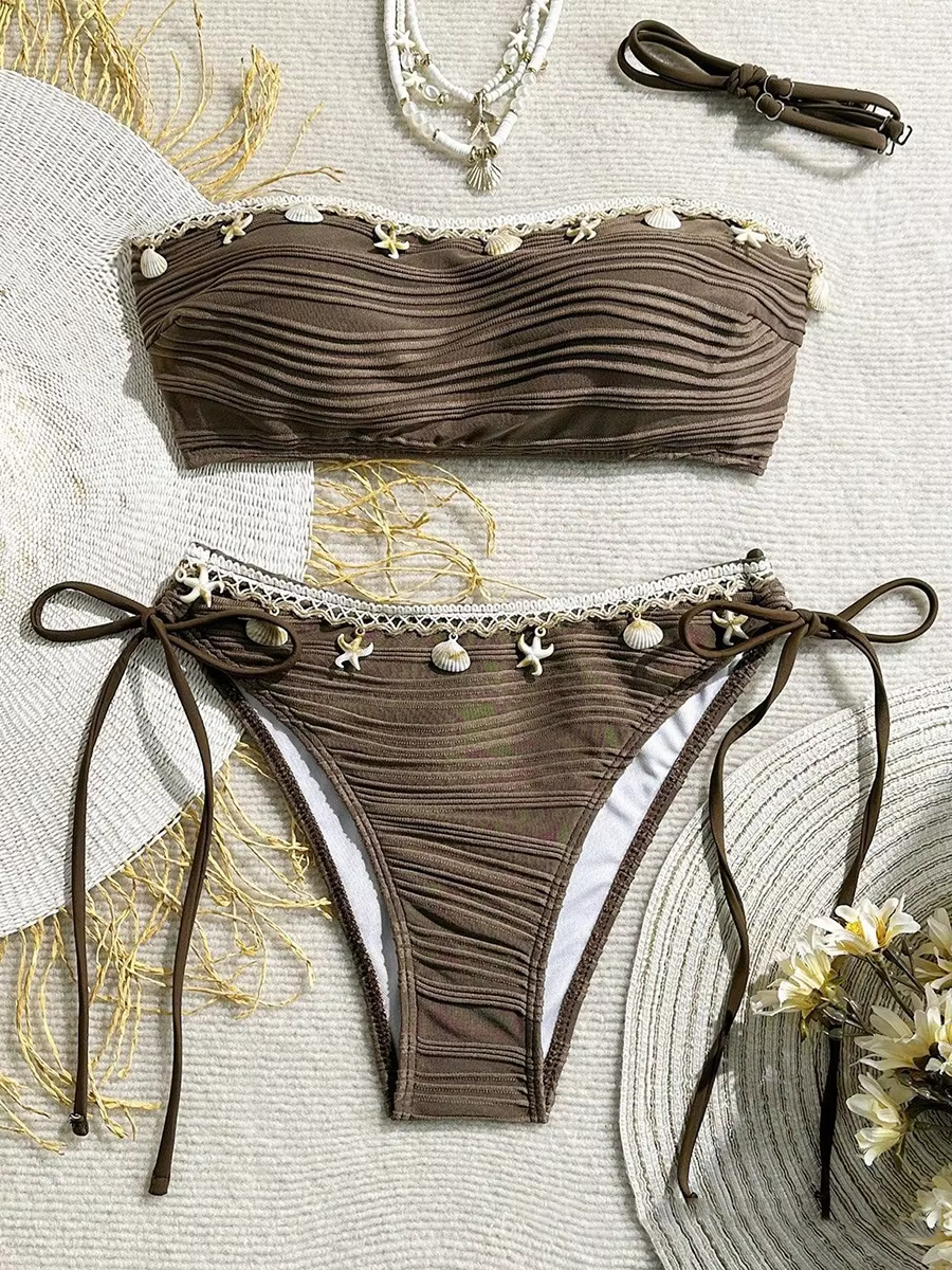 Bandeau Wrinkled High Cut Swimsuit Two-pieces Bikini Set Shell Bather Bathing Suit Swim - Image 7