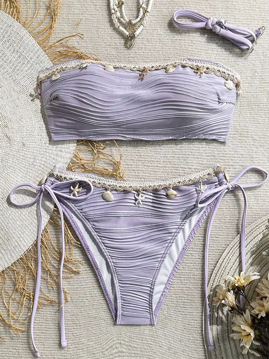 Bandeau Wrinkled High Cut Swimsuit Two-pieces Bikini Set Shell Bather Bathing Suit Swim - Image 8