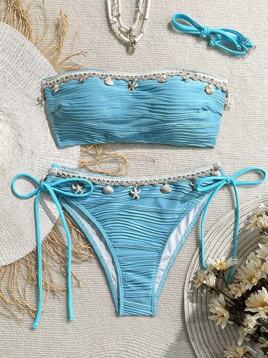 Bandeau Wrinkled High Cut Swimsuit Two-pieces Bikini Set Shell Bather Bathing Suit Swim - Image 9
