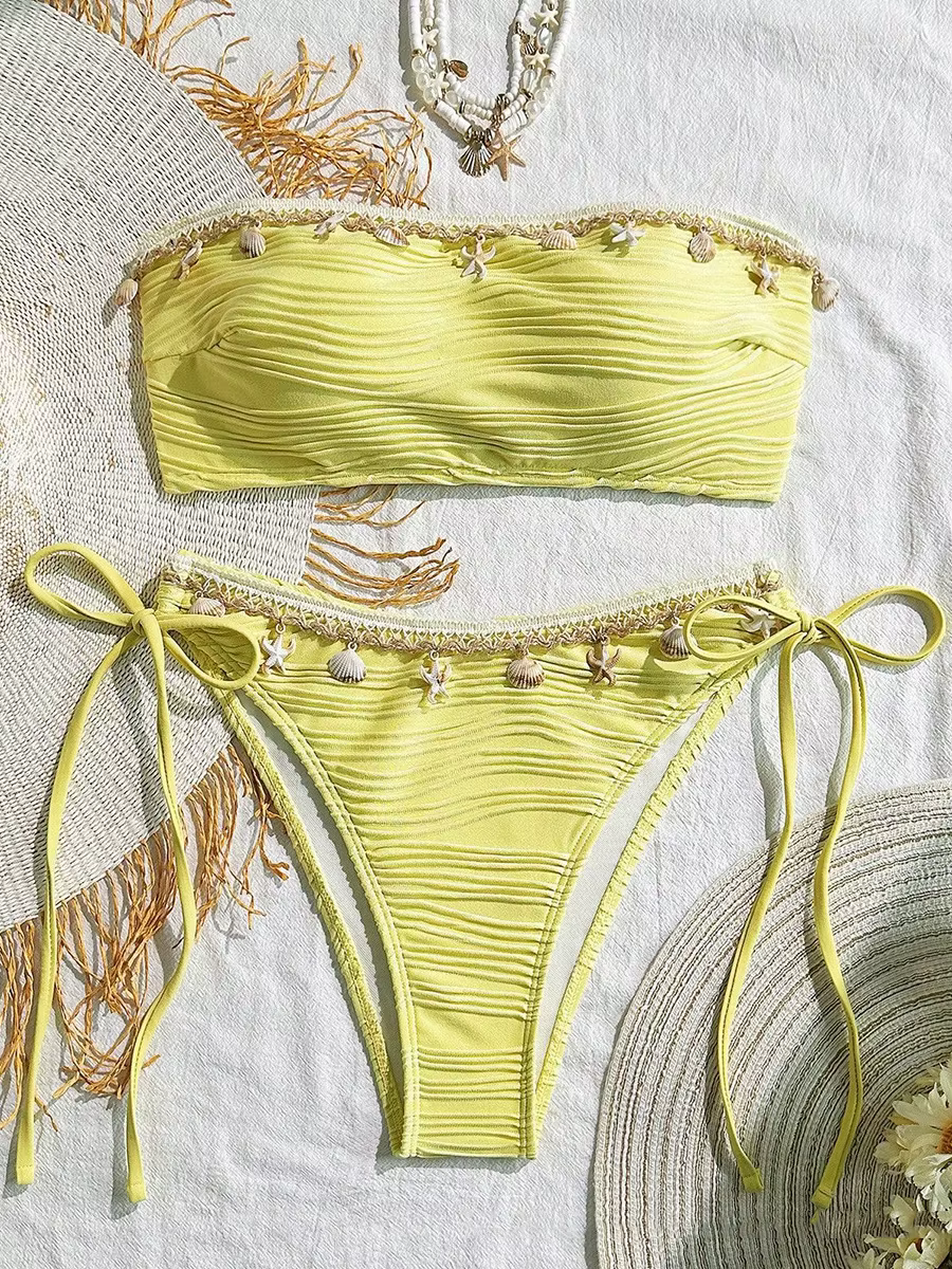 Bandeau Wrinkled High Cut Swimsuit Two-pieces Bikini Set Shell Bather Bathing Suit Swim - Image 11