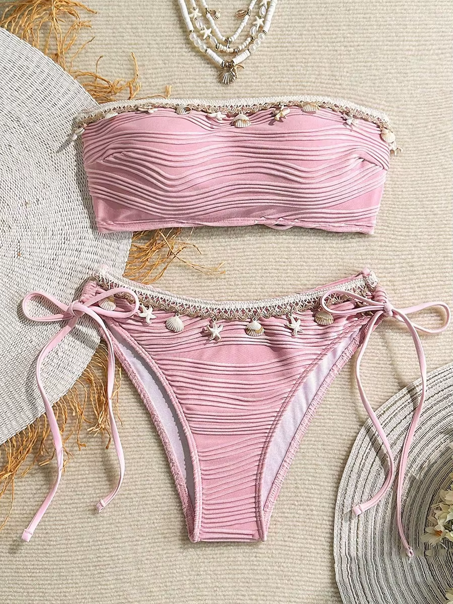 Bandeau Wrinkled High Cut Swimsuit Two-pieces Bikini Set Shell Bather Bathing Suit Swim - Image 13