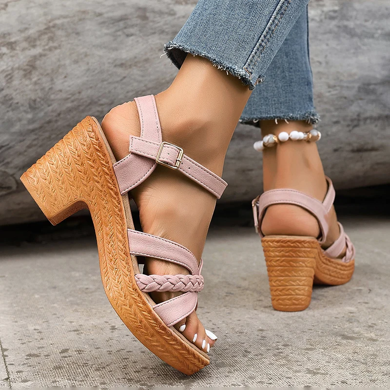 Beach Style Gladiator Ankle Straps Braided Chunky Platform High Heels Sandals - Image 18