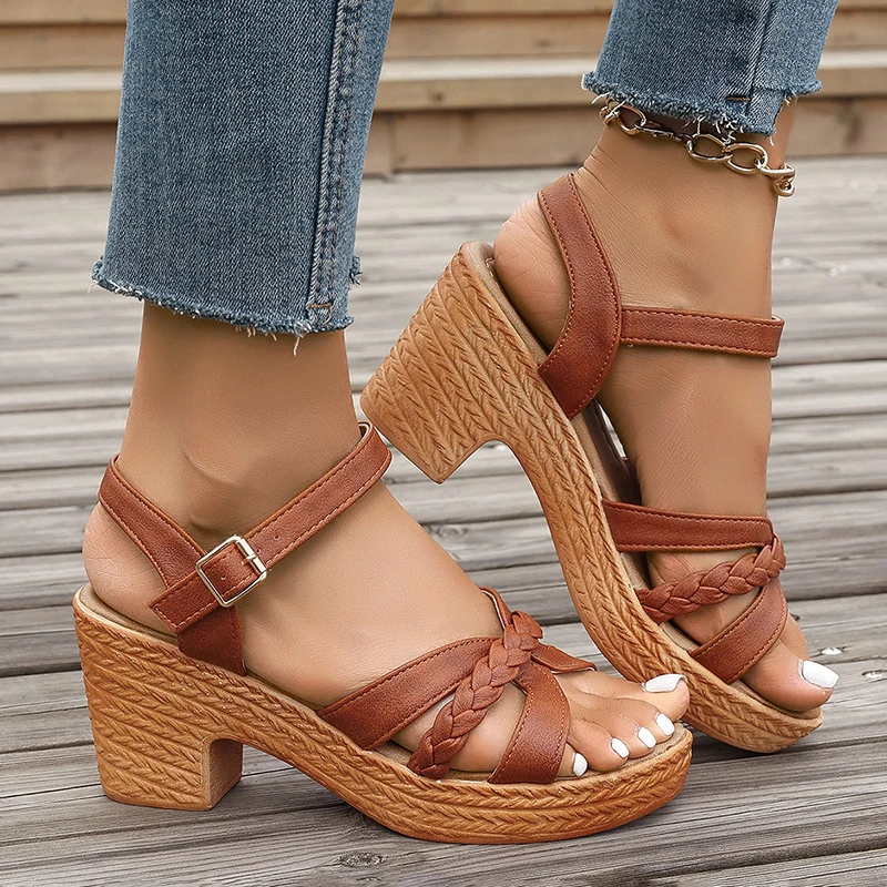 Beach Style Gladiator Ankle Straps Braided Chunky Platform High Heels Sandals - Image 24