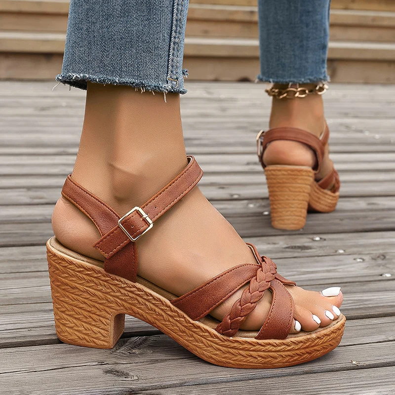 Beach Style Gladiator Ankle Straps Braided Chunky Platform High Heels Sandals - Image 22