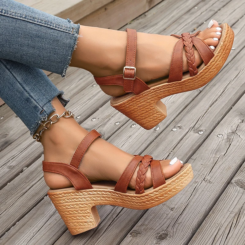 Beach Style Gladiator Ankle Straps Braided Chunky Platform High Heels Sandals - Image 23