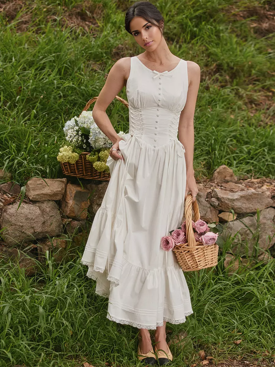 Bohemian Solid Color Sleeveless Lace Up Resort Wear Midi Dress - Image 3